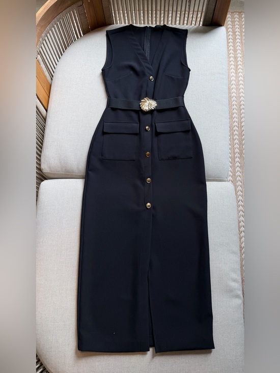 Zara Dresses & Skirts - Zara Black Sleeveless Midi Dress with Gold Buttons & Belt
